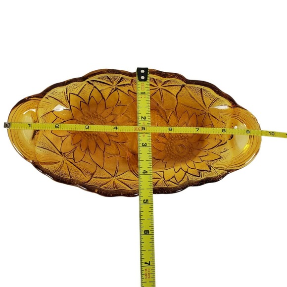 Vintage Amber Gold Opalescent Glass Oval Sunflower Bowl Relish Nut Candy Dish - Picture 8 of 10